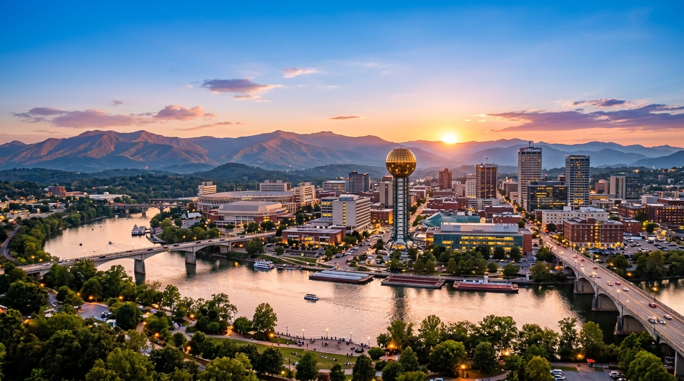 Knoxville Tennessee skyline at sunset with Sunsphere and Great Smoky Mountains