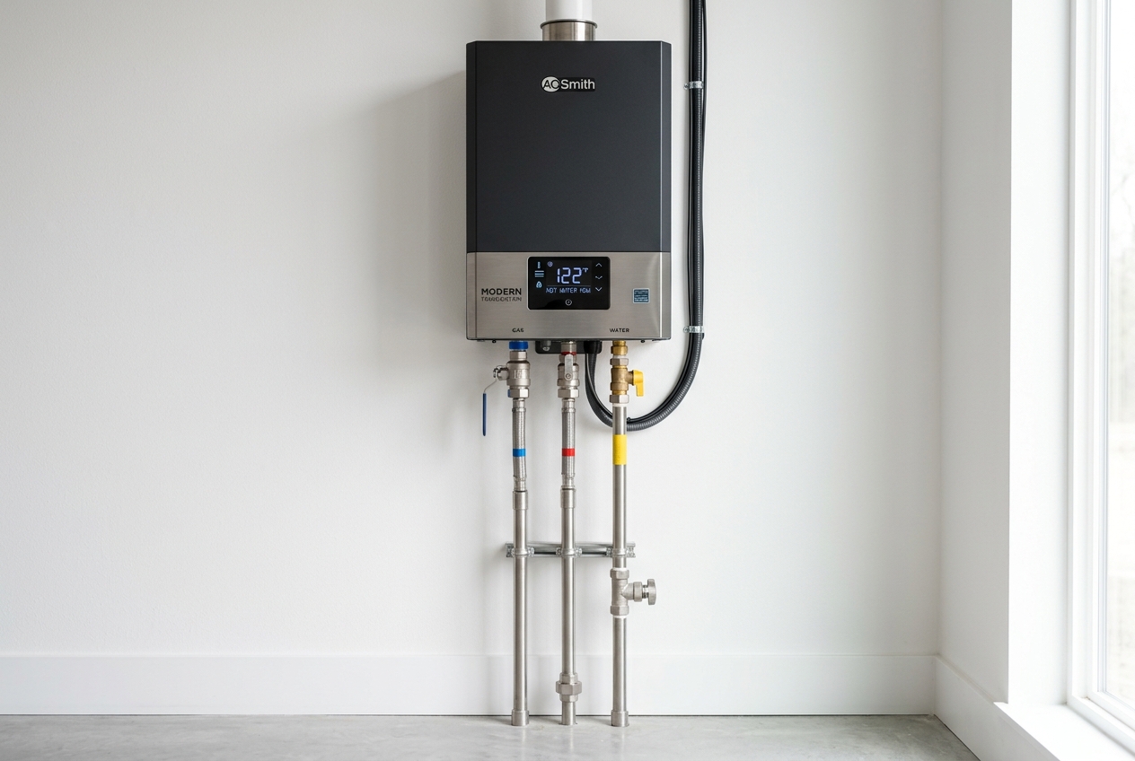 Tankless water heater unit mounted on wall