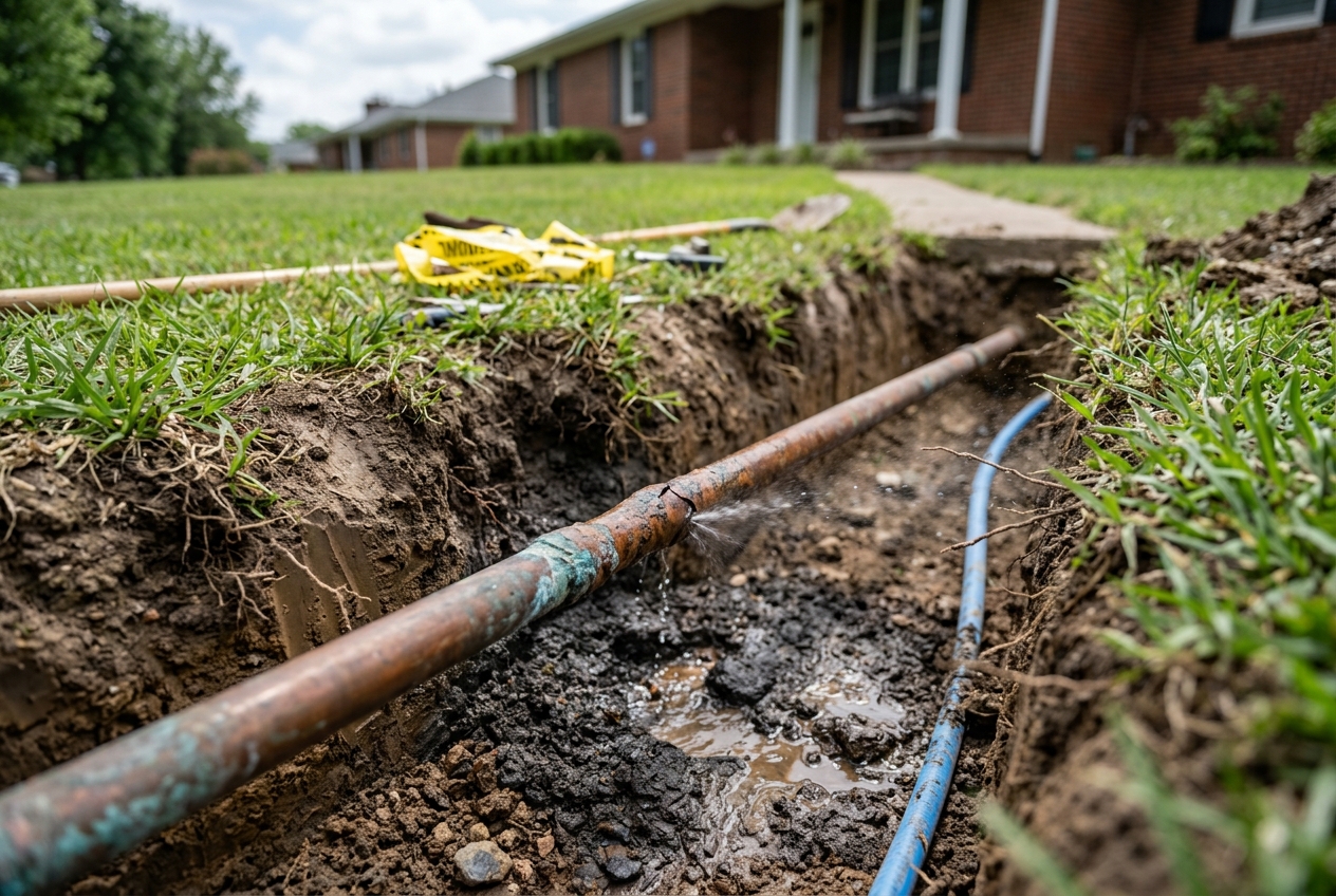 Underground pipe leak exposed in residential yard