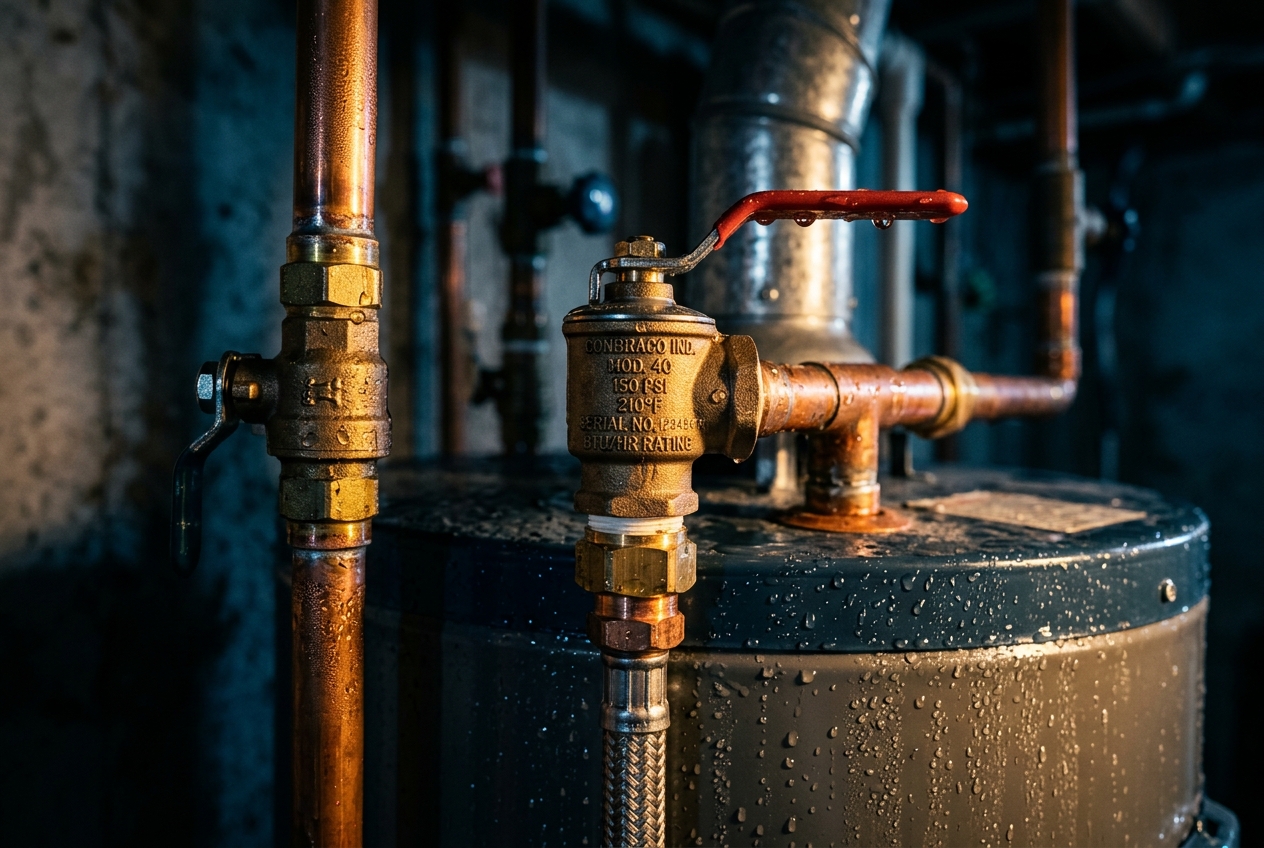 Water heater tank with pressure relief valve and copper plumbing connections